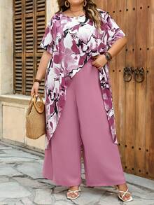 SHEIN CURVE+ 2pcs Plus Size Women's Pink Floral Asymmetrical Hem Shirt And Loose Pants Set, Elegant Daily Romantic Outfit, Spring - Pink - View 7