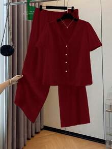 SHEIN LUNE Plus Size Elegant Jacquard Knit Lace Trim Casual Commuter Jacket & Pants Set, Suitable For Party, Afternoon Tea, Spring & Summer - Burgundy - View 3