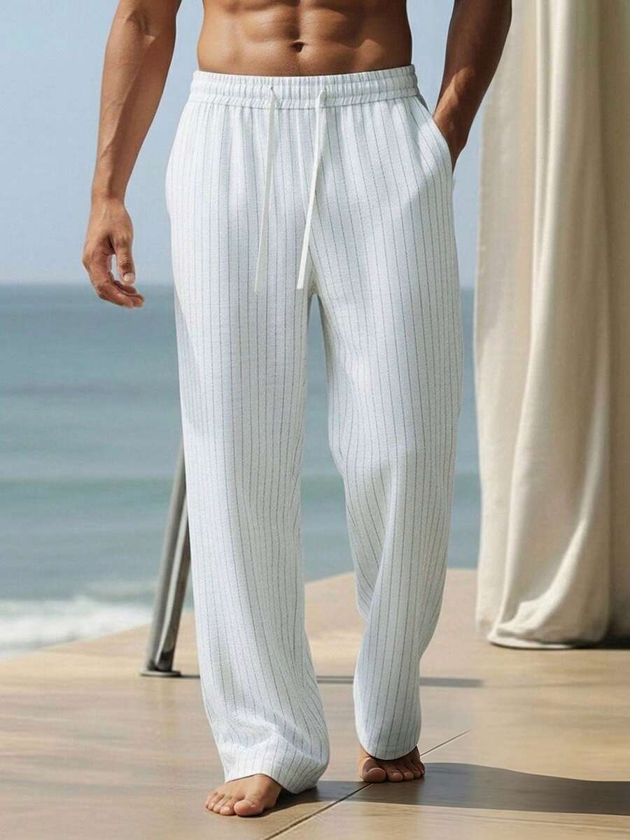 VENTUSAIL Pantalones rectos de ajuste holgado con cordón en la cintura y bolsillos, a rayas, para vuelta al colegio, primavera y verano - Blanco - Ver 1