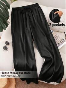 CosyJoli 大码女装春夏新款商务休闲缎面沙滩裤，适合情人节、通勤等场合，优雅的紫莲粉色阔腿裤，带口袋。薰衣草色沙滩度假宽松裤/宽松裤，大码女装休闲裤 - 黑色 - 查看 5