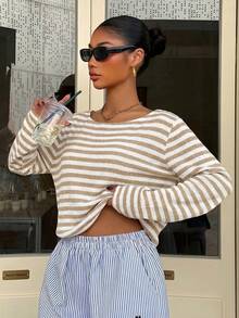 Muchica Women's Spring/Summer New Striped Loose Off-Shoulder Long Sleeve Cropped T-Shirt - Khaki - View 5