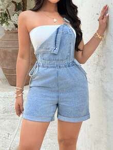 Rivivi Women's Casual Knotted Pocket Washed Denim Jumpsuit - Light Wash - View 7