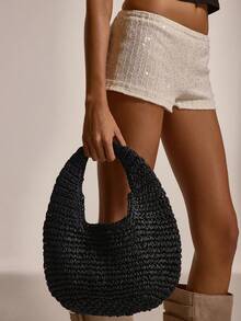 MUSERA 女士单肩包、流浪包、草编包、流苏草编包，时尚、优雅、简约、个性化、百搭，适合海滩、度假、假日、夏季、海边、沙滩派对 - 黑色 - 查看 2