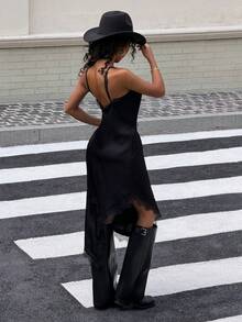 Muchica Women's Sexy Lace Trim Backless Halter Midi Dress, Summer - Black - View 2