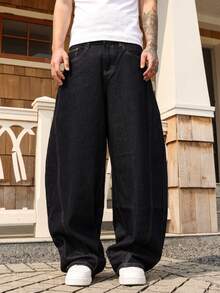 Manfinity EMRG 男士深蓝色水洗喇叭裤休闲宽松阔腿牛仔裤 - 深色水洗藍 - 查看 6