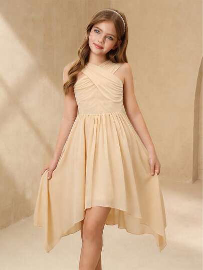 Elegant Apricot Chiffon Halter Fitted Dress For Tween Girls Suitable For Evening Party, Christmas, Halloween, Wedding, Prom, Vacation, Graduation Season
