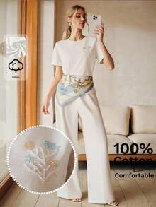 Anewsta New Summer Vacation Casual Versatile Ocean Shell, Starfish, Fish & Pearl Embroidery Beaded Women T-Shirt - Beige - View 1