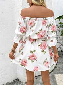 Breezaya Vestido estampado con hombros descubiertos y cinturón para la cintura, conjunto de ropa de playa y vacaciones para mujeres - Rosa - Ver 2
