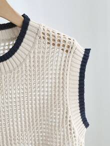 Franclia 女士圆领杏色和藏蓝色拼接镂空休闲度假针织上衣，春夏款 - 彩色 - 查看 4