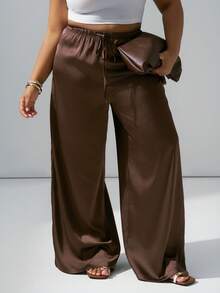 Hourglow 大码女士抗皱缎面直筒宽松裤，适合情人节，适合沙漏型身材，棕色缎面裤，夏季穿着。 - 棕色 - 查看 5