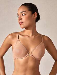 Deyllo 女士透视深V文胸，前扣式钢圈无衬垫交叉后背透气轻盈优雅日常内衣 - 駝色 - 查看 5