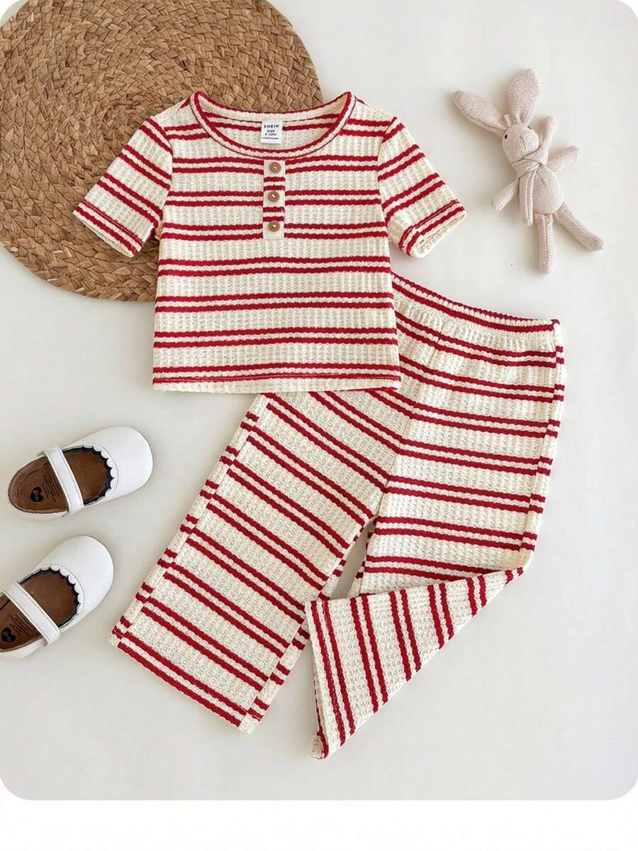 SHEIN Baby Girl Striped Print Short Sleeve T-Shirt And Pants Casual Outfit - Red - View 1