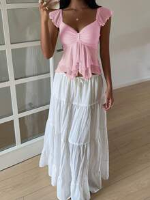SHEIN EZwear 女士夏季胸部褶皱网纱荷叶袖T恤 - 淺粉色 - 查看 3