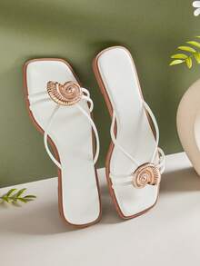 SHUZIA Women Minimalist Comfortable Metal Decor Slip-On Flat Sandals Summer Shoes - White - View 4