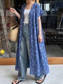 FRIFUL 女士碎花V领休闲短袖连衣裙夏日波西米亚风度假装扮 - 藍色 - 查看 5