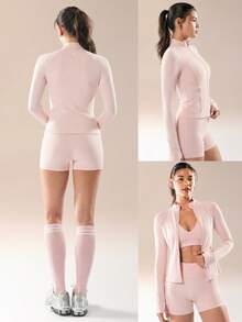 GLOWMODE FeatherFit™ For DD+ Slim-It Streamline Performance Secure Pockets Zip Up Long Sleeve Jacket Low Impact Yoga Pilates Daily Fall - Baby Pink - View 8