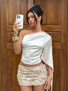 Siren Gaze Chunx新款杏色缎面不对称肩部优雅女式衬衫 - 杏色 - 查看 5