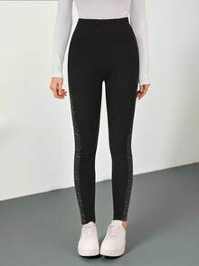 SHEIN Tall 女士时尚通勤亮片拼接打底裤 冬季女装 秋季女装 圣诞节时尚女裤 圣诞节、秋季、女士秋装 新年服装 - 黑色 - 查看 6