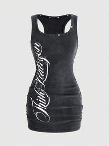 ROMWE Grunge Punk 女士复古坏女孩男女通用街头风休闲星星铆钉印花紧身迷你连衣裙 - 深灰色 - 查看 1