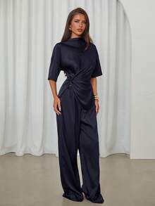 Aloruh 女士新款纯色棕色套装，两件套，巧克力色高领无袖扭结上衣搭配阔腿裤 - 藏蓝色 - 查看 4