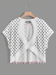 SHEIN Essnce 女士休闲圆领露背复古波点印花不对称下摆宽松无袖T恤，适合夏季、度假、外出、旅行，时尚百搭 - 彩色 - 查看 5