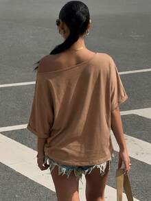 Muchica Deep Brown Knit Loose Fit Short Sleeve T-Shirt For Women,Summer Casual Occasion Camel Oversized Wide Neck Baggy Plain Tops Ytk Clothes Blouses - Chocolate Brown - View 2