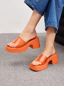 HighSole Woman Shoes Minimalist Thick Sole Single Band Fashion Summer Orange Wedge Slide Sandals For Summer Vacation Shoes Summer Party Baddie Chic Gorgeous Style Spring Shoes Spring Break Easter - Orange - View 11