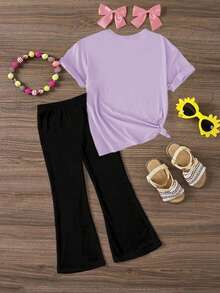 Spring And Summer Casual Fashion Creative Personalized Refreshing Minimalist Cartoon Character, Five-Pointed Star, Slogan Print Short T-Shirt And Flared Pants Set, Comfortable Daily Wear For Girls - Multicolor - View 2
