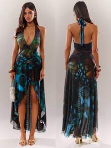 性感优雅不规则下摆蝴蝶印花修身连衣裙，V领露背连衣裙，飘逸网纱连衣裙，度假连衣裙，沙滩连衣裙，约会连衣裙，适合休闲外出、都市生活、购物、下午茶、约会、派对、鸡尾酒会、俱乐部、晚宴、庆祝活动、假日等场合。 - 彩色 - 查看 1