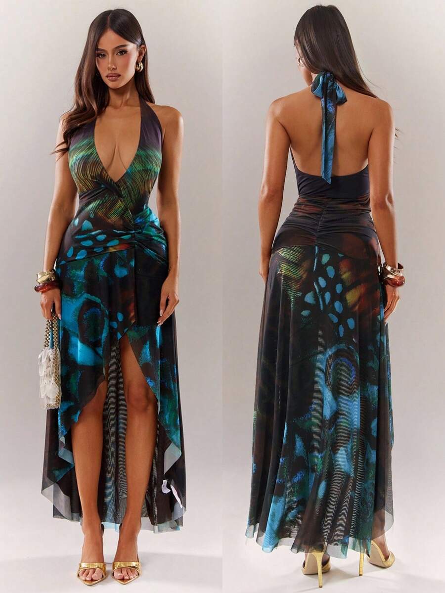 性感优雅不规则下摆蝴蝶印花修身连衣裙，V领露背连衣裙，飘逸网纱连衣裙，度假连衣裙，沙滩连衣裙，约会连衣裙，适合休闲外出、都市生活、购物、下午茶、约会、派对、鸡尾酒会、俱乐部、晚宴、庆祝活动、假日等场合。 - 彩色 - 查看 1