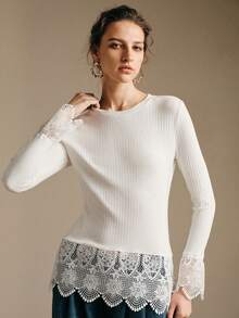 SHEIN Unity Women's White Ribbed Knit Long Flare Sleeve T-Shirt With Contrast Lace Trim And Round Neck Casual Regular Fit Top - White - View 1