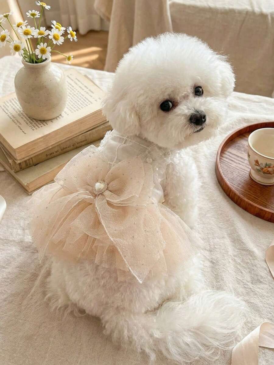 PETSIN 1pc Pet Pearl Decorative Mesh Dress Love Rhinestone Bow Decoration Elegant Princess Style Cat And Dog Universal Clothes - Beige - View 1