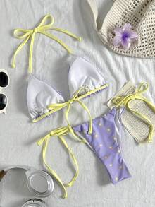 Swim Mod 甜美碎花系带女士比基尼泳装 - 淡紫色 - 查看 2