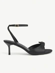 CUCCOO CHICEST 女士黑色缎面蝴蝶结踝带时尚性感圆头高跟凉鞋 - 黑色色丁 - 查看 4