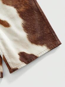 Pantalones cortos vaqueros casuales de hombre con bolsillo en diagonal y estampado de vaca, para verano - Caqui - Ver 4