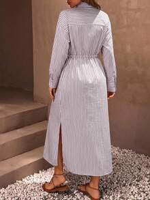 EURMUSE Casual Basic Style Effortless Linen Look Button Through And Drawstring Belt Detailed Maxi Shirt Dress Golf White Autumn - Multicolor - View 2