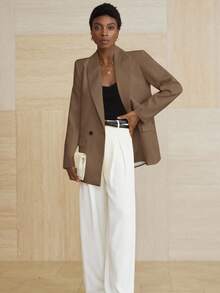 Aveloria Modichic Women's Business Style Solid Color Double-Breasted Blazer Jacket For Commuting, Autumn  - Coffee Brown - View 5