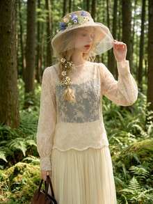 FRIFUL Women's Round Neck Puff Sleeve Loose Wavy Hem Asymmetrical Hem Lace Sheer Blouse, Suitable For Summer Vacation - Beige - View 7