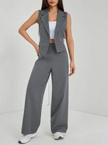 SHEIN PETITE Bộ đồ thu đông hai mảnh (2 món) dành cho nữ, gồm áo không tay và quần, màu trơn. - Xám - Xem 5
