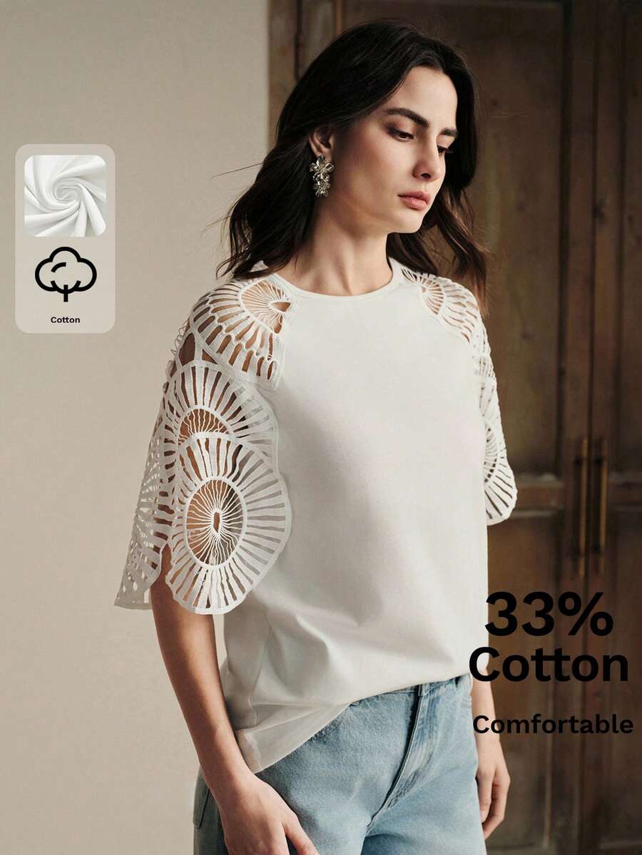 Anewsta 女士优雅白色棉混纺宽松圆领T恤，拼接镂空袖设计，简约时尚，适合休闲、日常穿着、情人节、海滩、节日、夏季等场合。 - 白色 - 查看 1