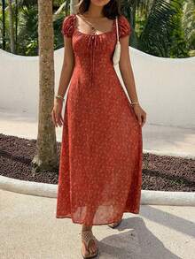 DAZY Women's Square Neck Ditsy Floral Red Puff Sleeve Midi Dress Summer Sundress - Dark Red - View 6