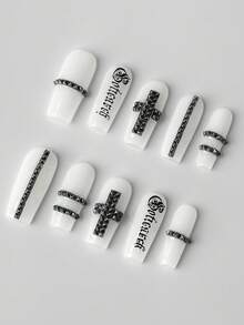 10片朋克风十字铆钉假指甲片+3片双面胶，Y2K黑白字母图案元素美甲，Y2K可卸长方形按压式指甲，四季皆宜，适合日常、约会佩戴 - 黑白鉚釘2 - 查看 2