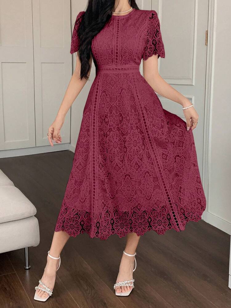 Elegant Lace Trim Short Sleeve Dress, Youthful And Refined Mini Dress Summer
