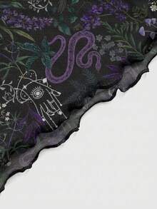ROMWE Gothic Aesthetic Sexy Snake, Eagle, Moth Sheer Print Short Sleeve Blouse For Women - Black - View 4