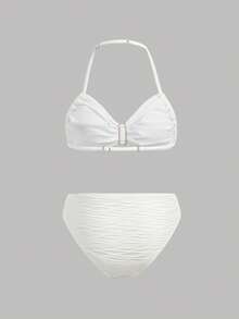 Bộ bikini 3 mảnh cho bé gái tuổi teen, thích hợp mặc đi nghỉ mát, kiểu dáng thường ngày, thời trang, cổ yếm, chất liệu vải có họa tiết, màu trắng, áo bơi cổ yếm và quần bơi, váy bơi, họa tiết hoa và cúc kim loại, bộ bikini 3 mảnh, thích hợp cho kỳ nghỉ biển. - trắng - Xem 7