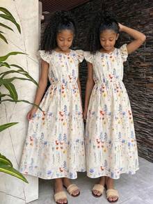 SHEIN 少女碎花飘逸连衣裙，腰部系带，夏季度假风 - 杏色 - 查看 1