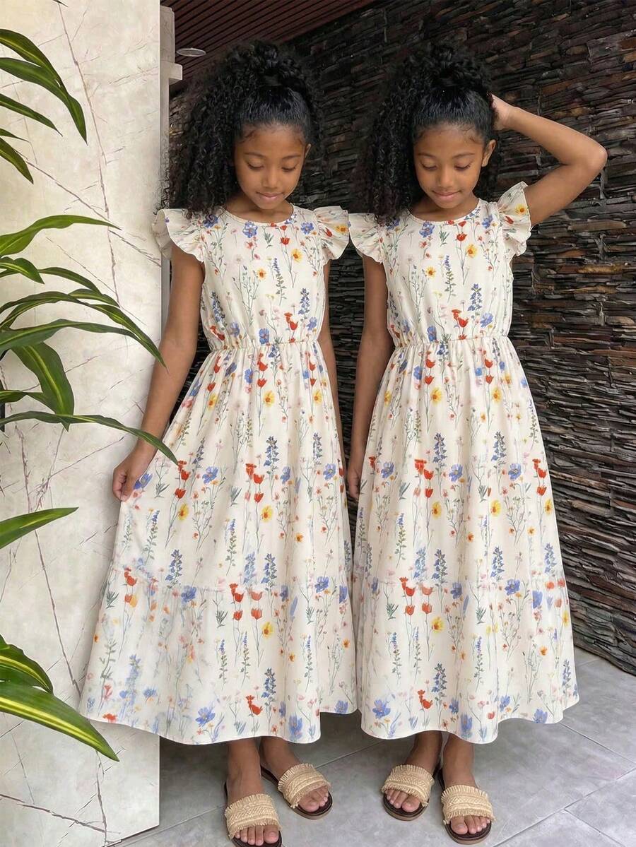 SHEIN 少女碎花飘逸连衣裙，腰部系带，夏季度假风 - 杏色 - 查看 1