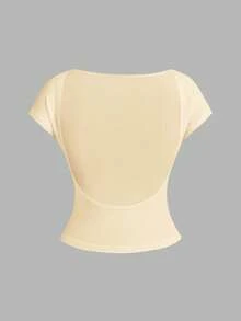 SHEIN Essnce 4 pièces T-shirts femme col rond unicolore ajustés, dos ajouré, adaptés pour l'été - Multicolore - Voir 10