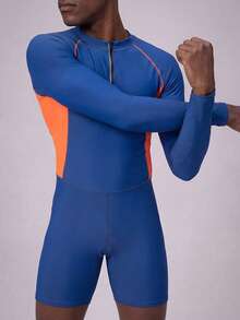ZELFYO Men's Contrast Color Minimalist Daily Wear Zipper Long Sleeve Swimsuit - Dusty Blue - View 7