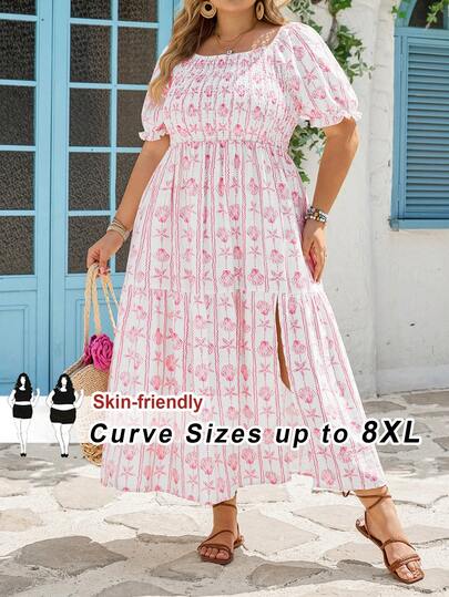 SHEIN CURVE+ Plus size jurk in bohemian stijl met print, hoge split en vierkante halslijn, geschikt voor de zomer, bohemian strandvakantie outfit/strandjurk/strandkleding/strand essential/jurk voor afstudeerceremonie/jurk voor een afternoon tea